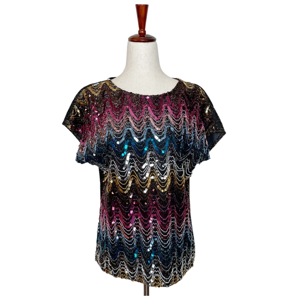 Vintage 70s 80s Rainbow Gold Sequin Zig Zag Top Glam Art Deco Disco Going Out